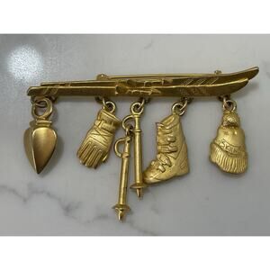 Vintage JJ Jonette Jewelry Snow Ski Winter Sports Charm Gold Tone Brooch Pin
